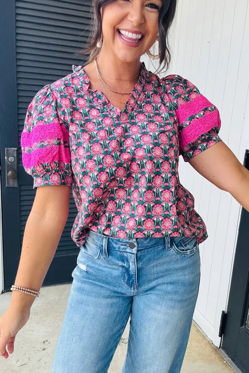 Sachet Pink V-Neck Ruffle Abstract Floral Puff Sleeve Top - Love Salve